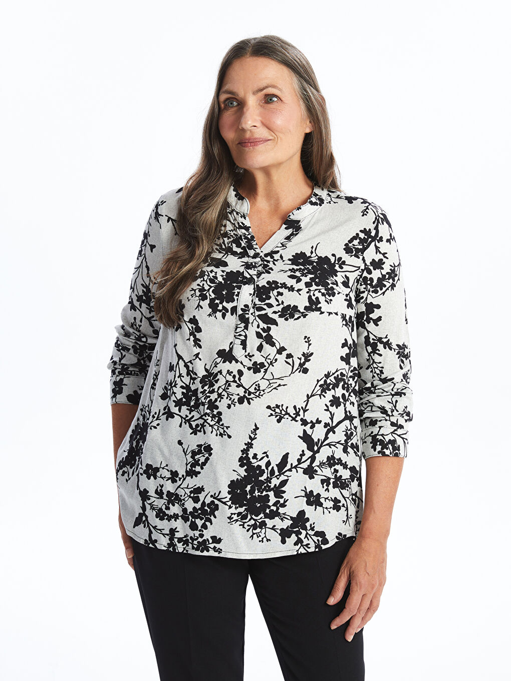Notch Neck Patterned Women's Blouse