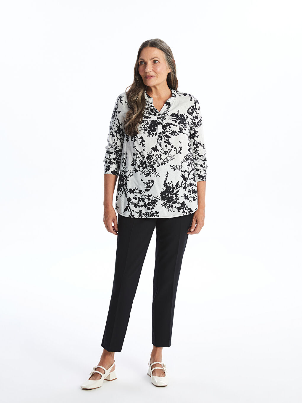 Notch Neck Patterned Women's Blouse-1