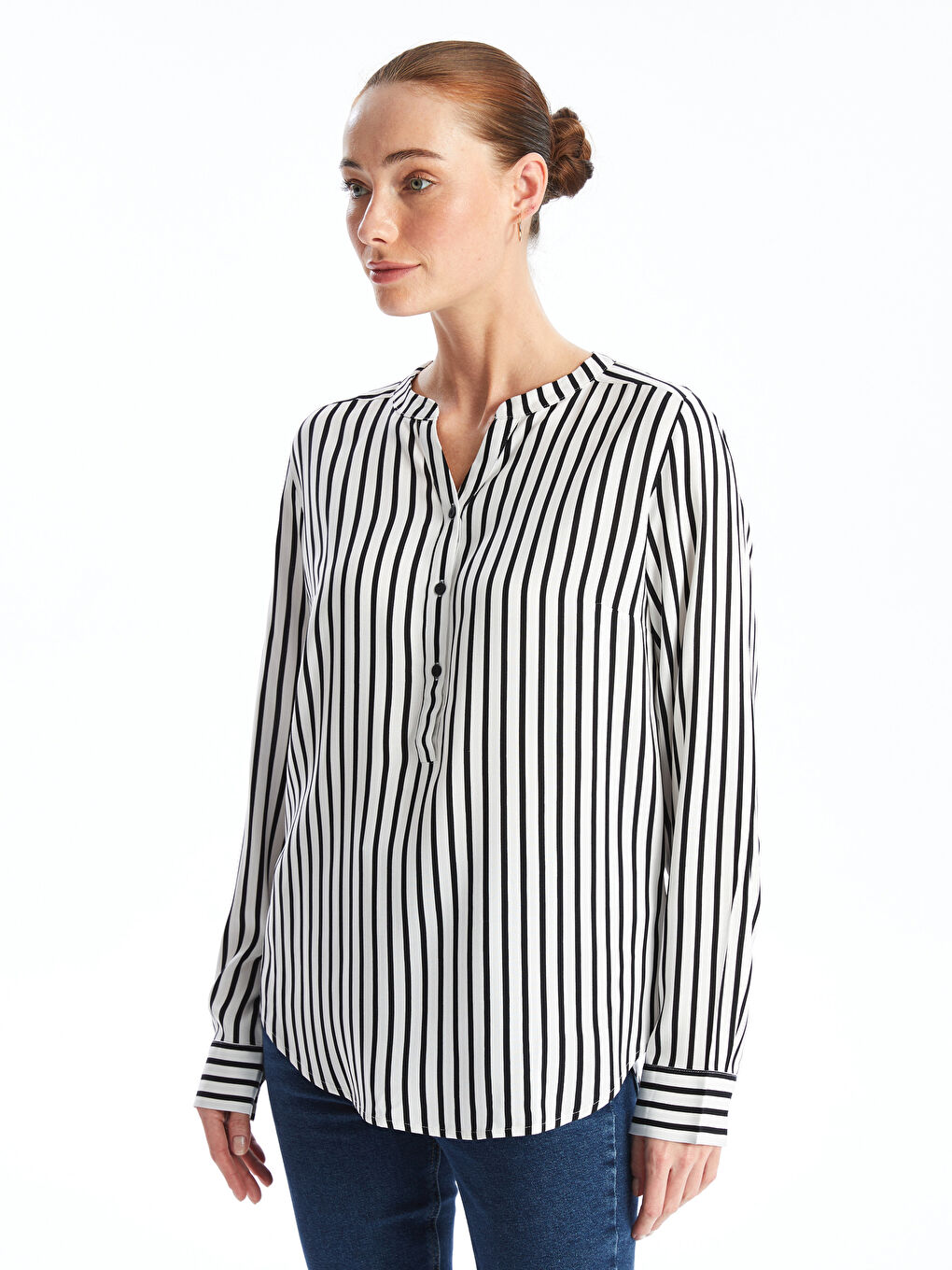 LC Waikiki Notch Neck Striped Long Sleeve Women's Blouse -W4AP30Z8-LEG