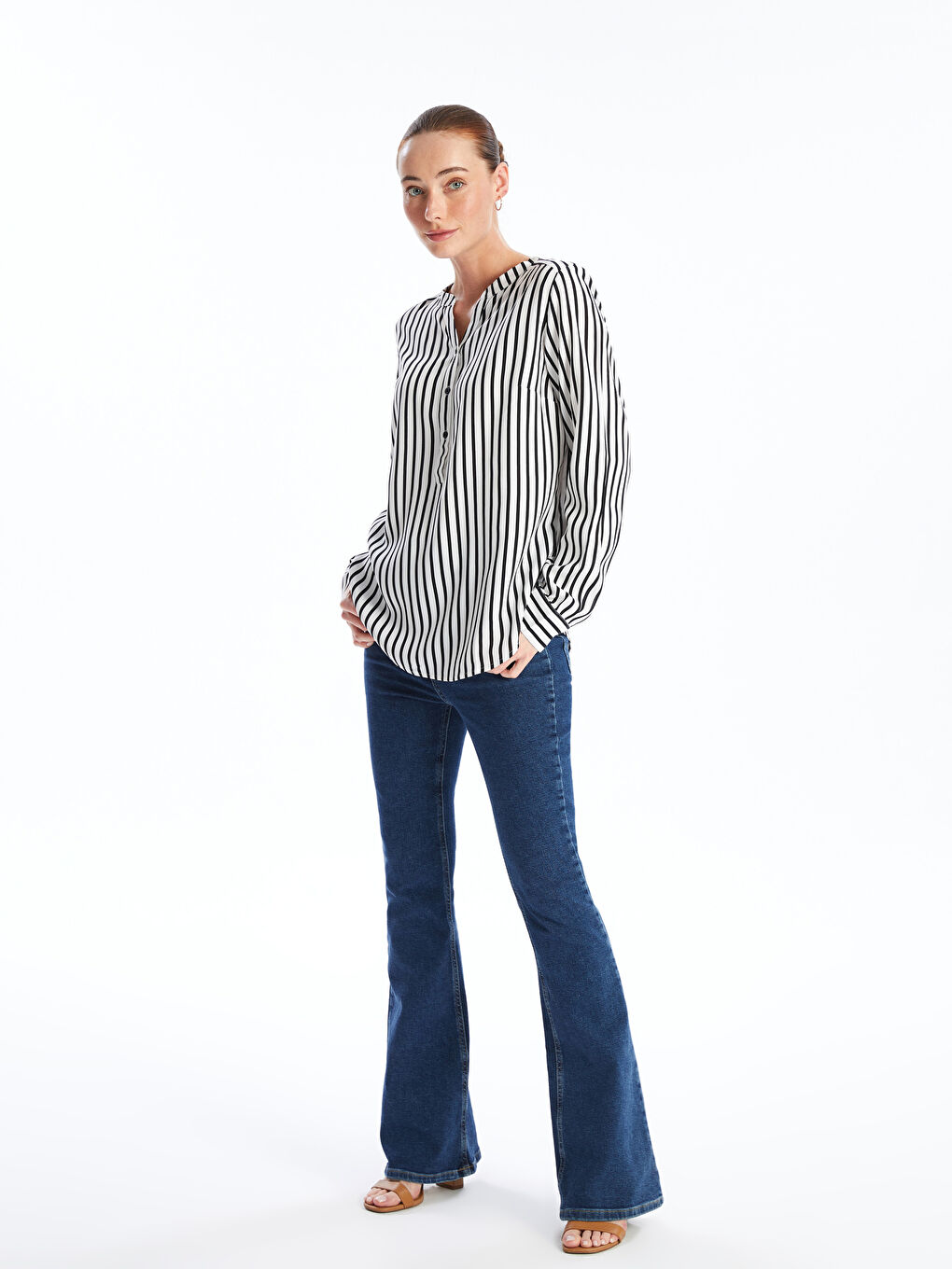 LC Waikiki Notch Neck Striped Long Sleeve Women's Blouse -W4AP30Z8-LEG