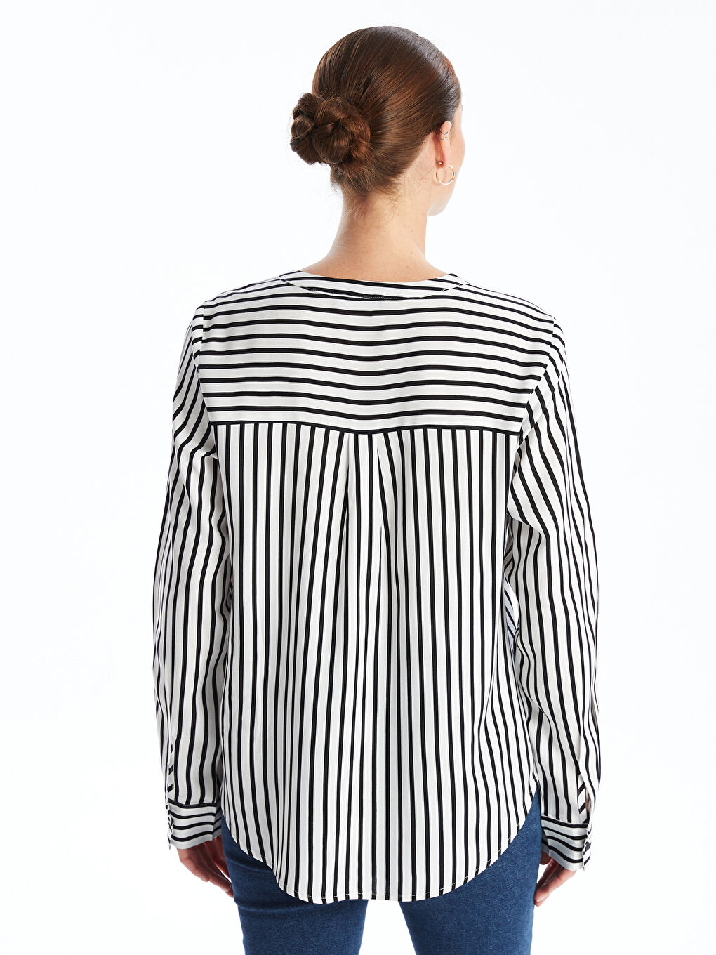 LC Waikiki Notch Neck Striped Long Sleeve Women's Blouse -W4AP30Z8-LEG