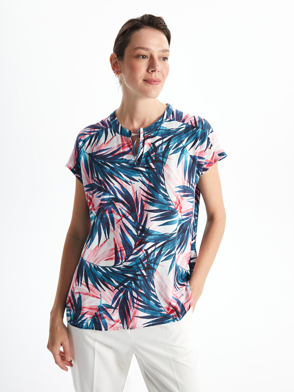 Blouse à Manches Courtes à Motifs avec Col Lavallière pour Femmes
