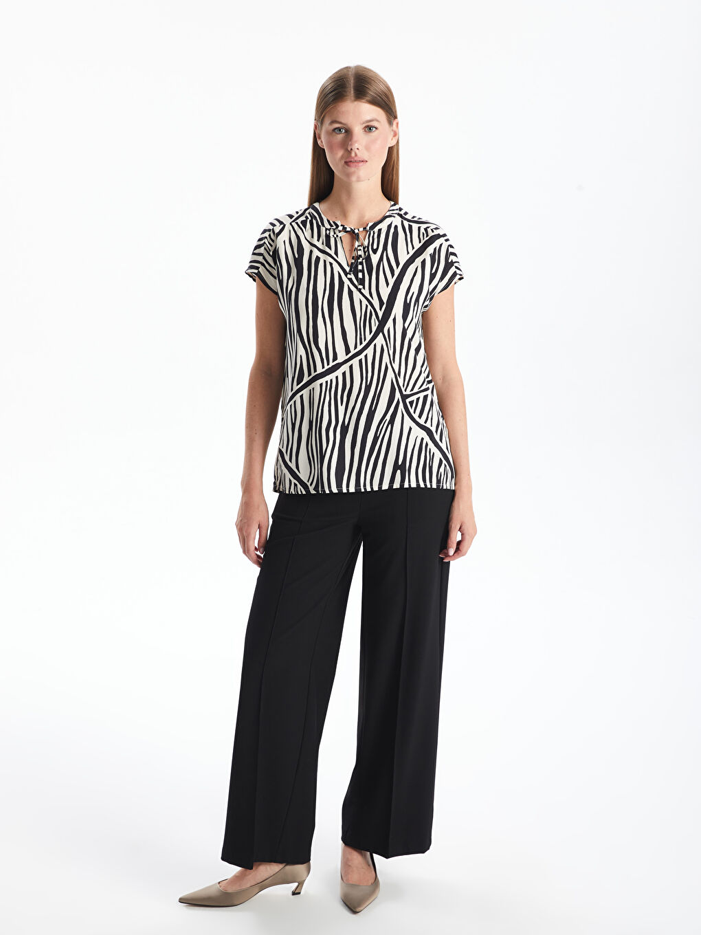 Tie Neck Patterned Short Sleeve Women's Blouse -W4AP41Z8-LQJ