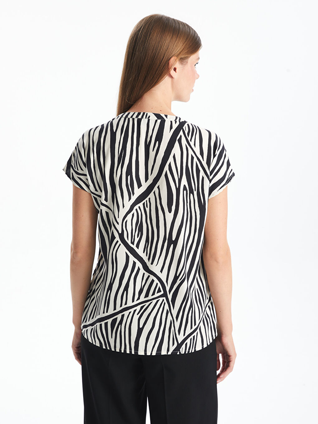 Tie Neck Patterned Short Sleeve Women's Blouse -W4AP41Z8-LQJ