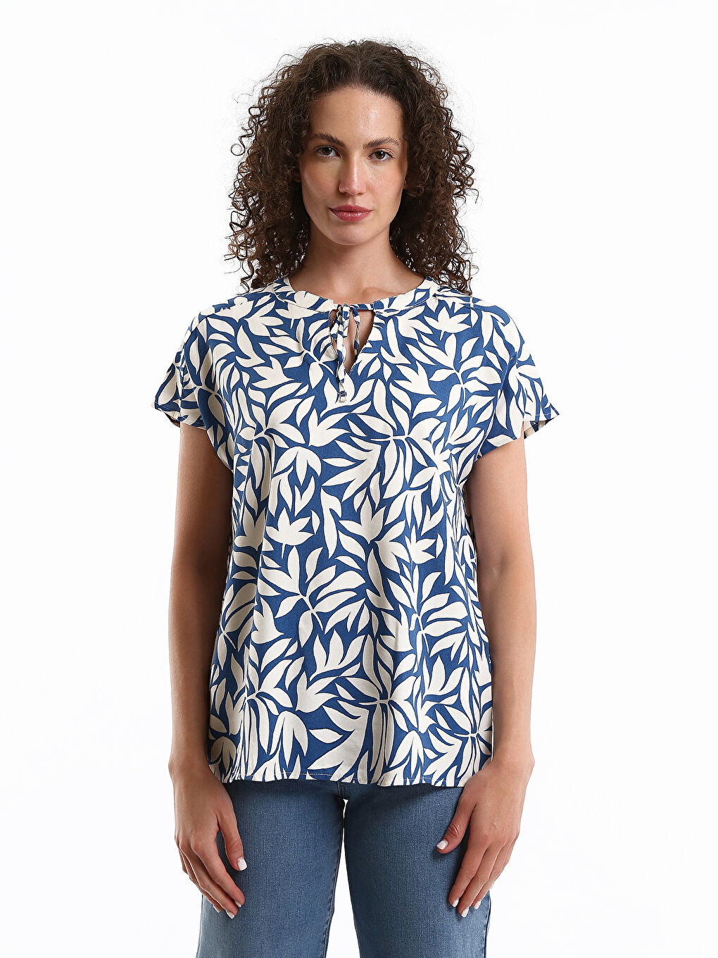 Tie Neck Patterned Short Sleeve Women's Blouse