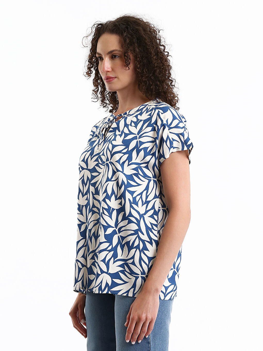 Tie Neck Patterned Short Sleeve Women's Blouse-3