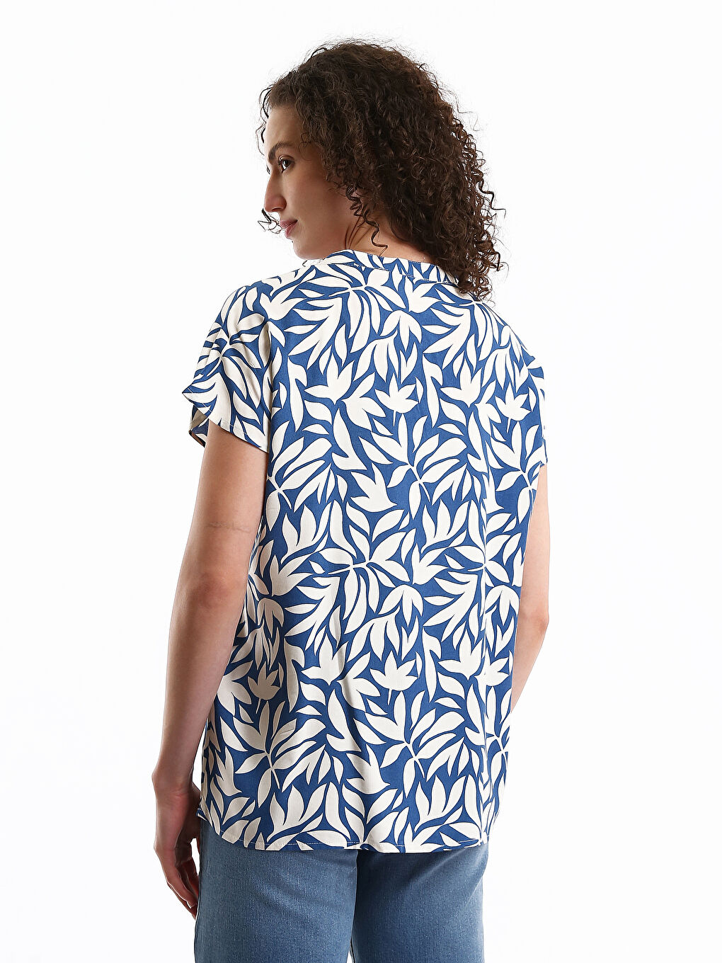 Tie Neck Patterned Short Sleeve Women's Blouse-4