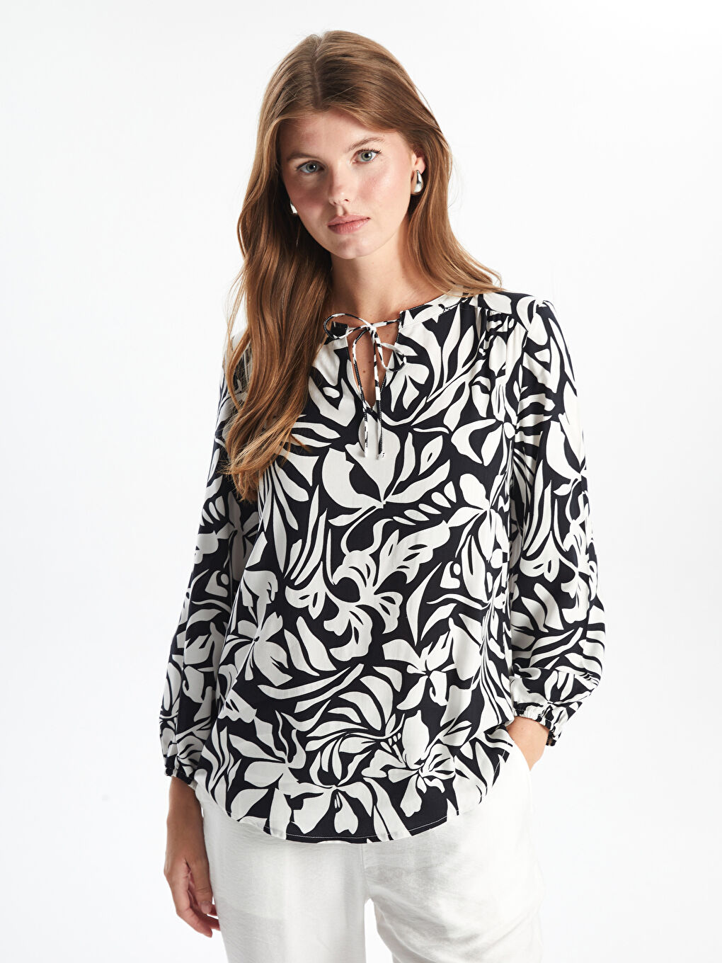 Tie Neck Patterned Women's Blouse