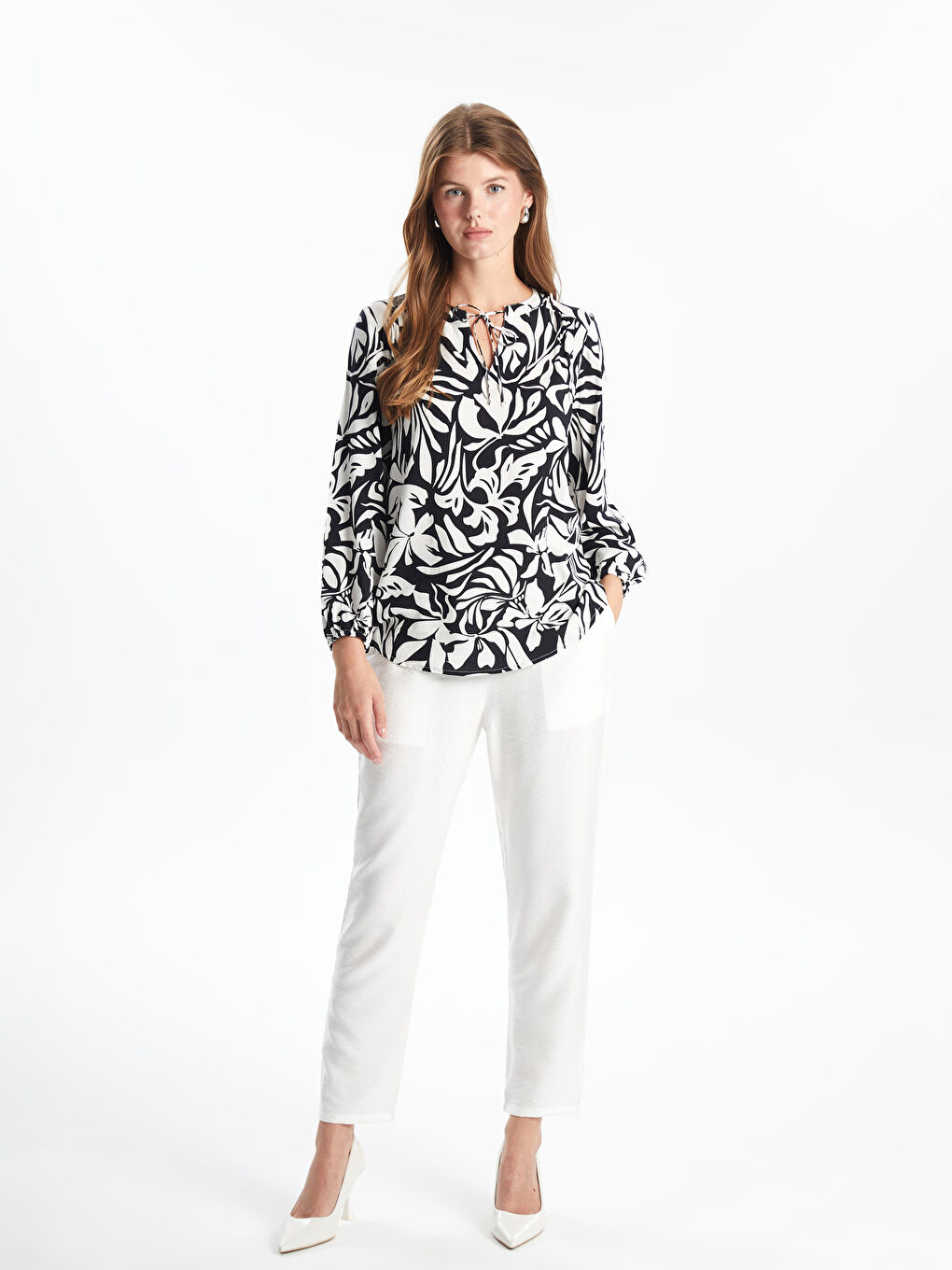 Tie Neck Patterned Women's Blouse-1