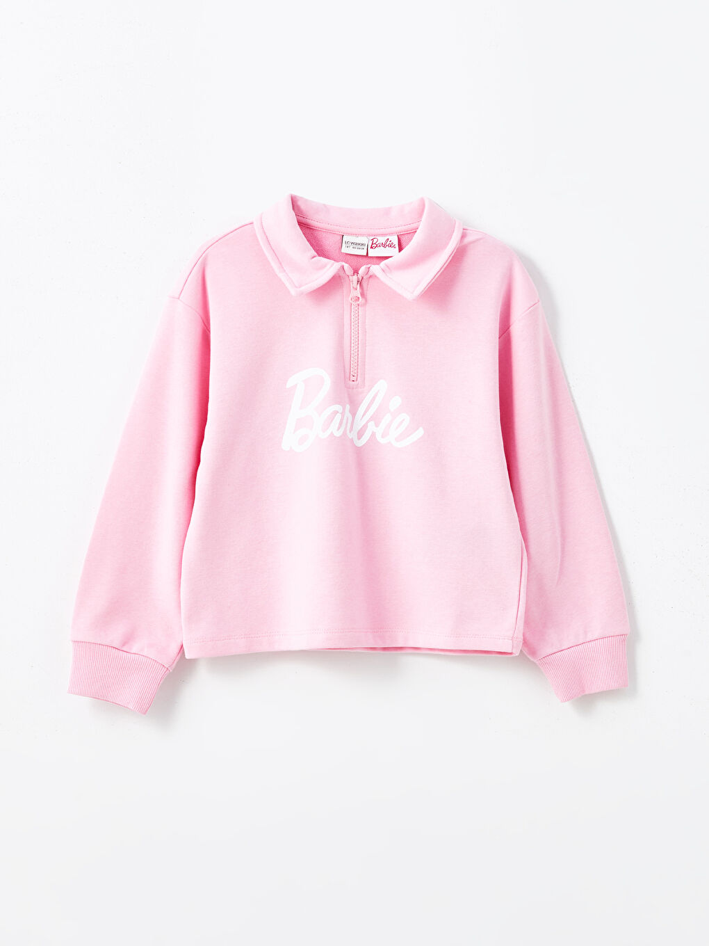 Pembe Polo Yaka Barbie Baskılı Kız Çocuk Sweatshirt