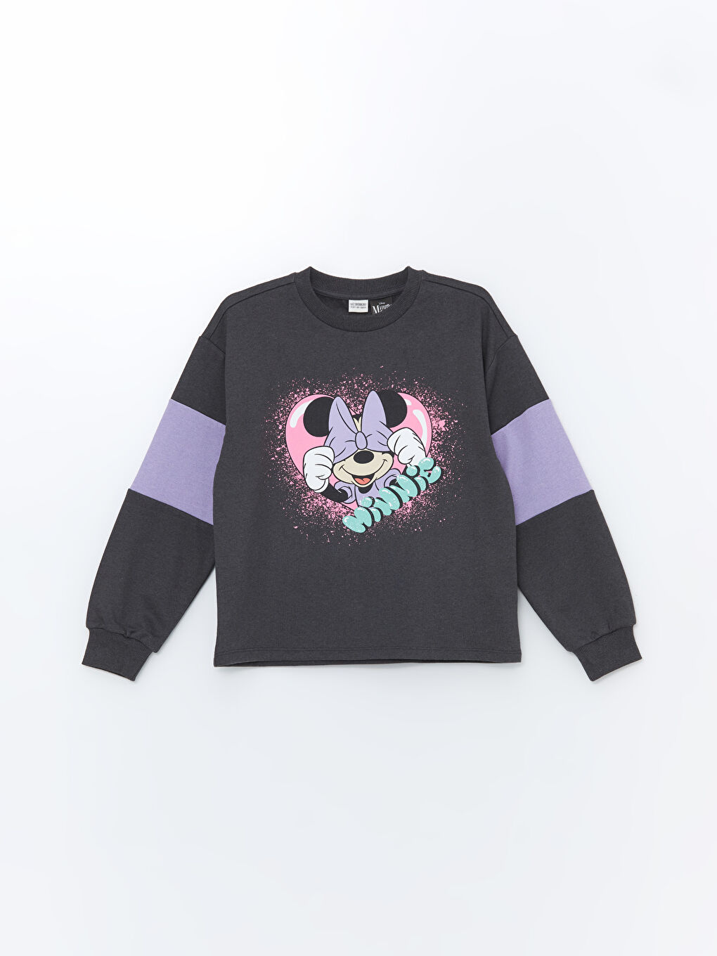 Antrasit Bisiklet Yaka Minnie Mouse Baskılı Kız Çocuk Sweatshirt