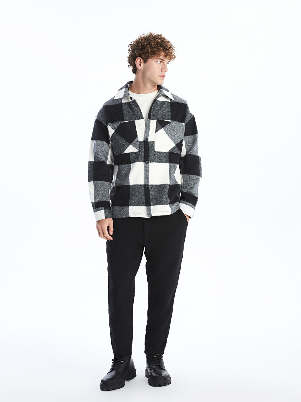 Siyah Rahat Kalıp Uzun Kollu Ekose Erkek Gömlek Ceket-1