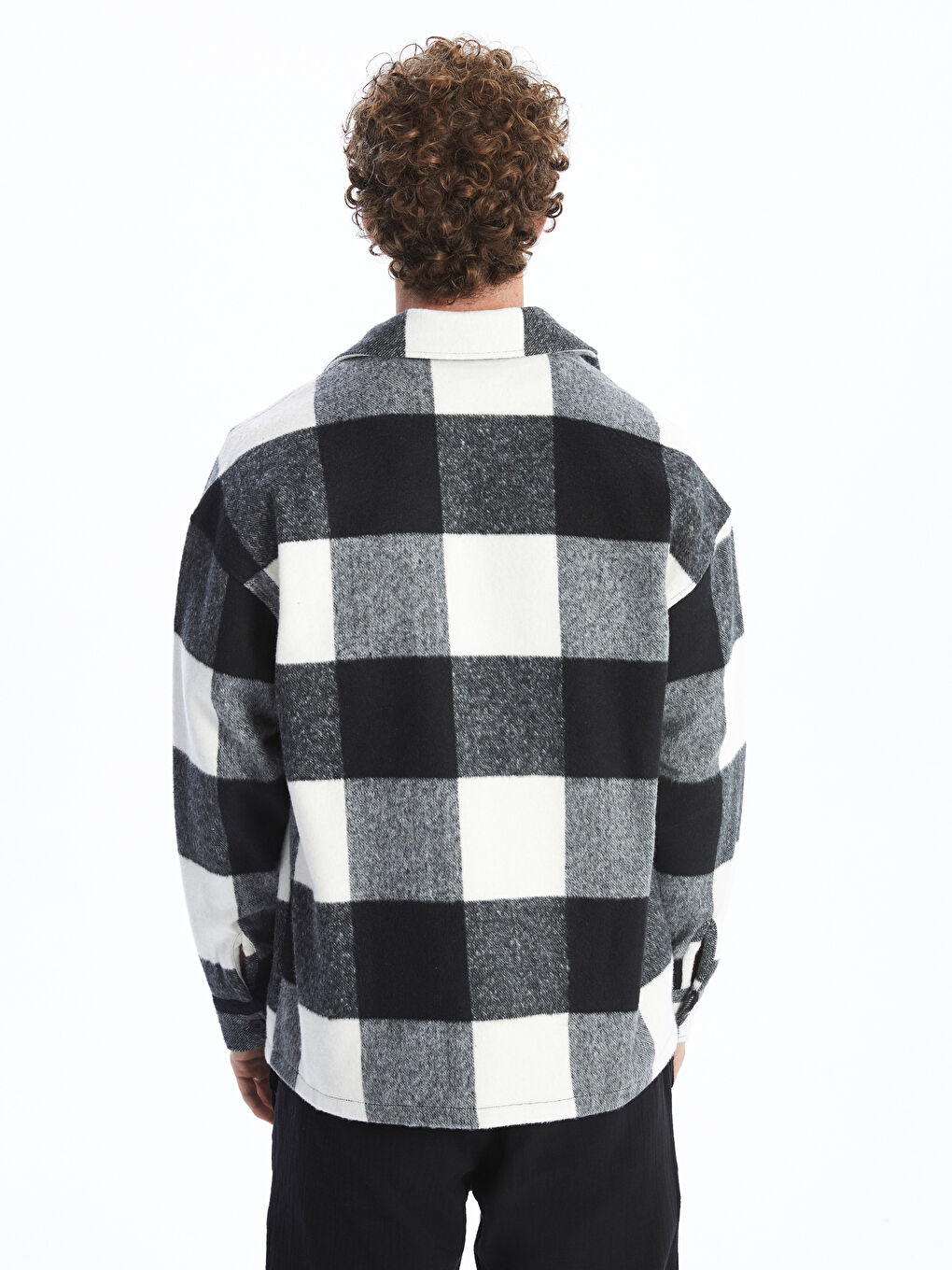 Siyah Rahat Kalıp Uzun Kollu Ekose Erkek Gömlek Ceket-3