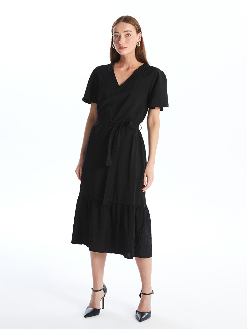 LC Waikiki V Neck Plain Short Sleeve Women's Dress -W4AR04Z8-CVL