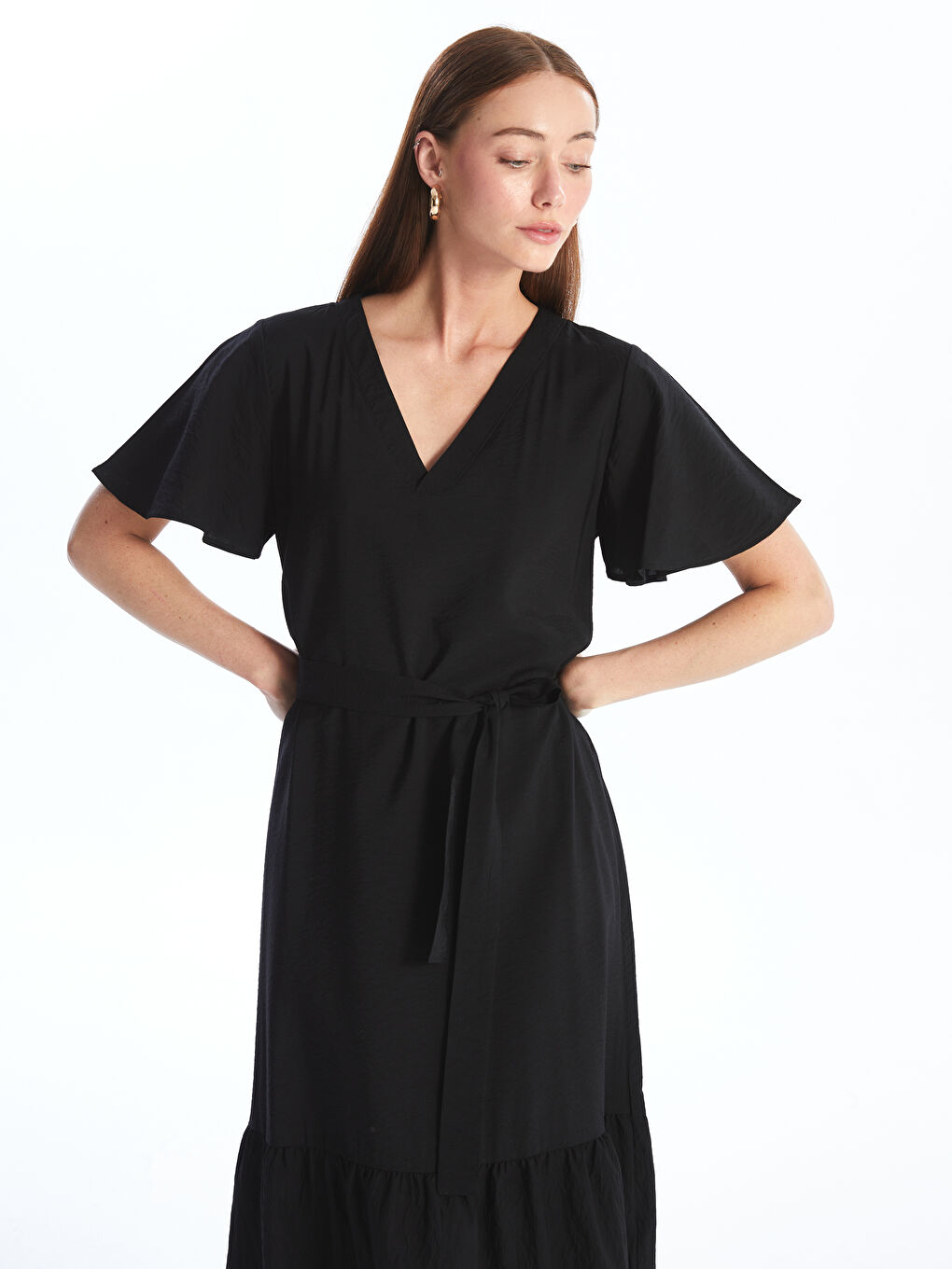 LC Waikiki V Neck Plain Short Sleeve Women's Dress -W4AR04Z8-CVL