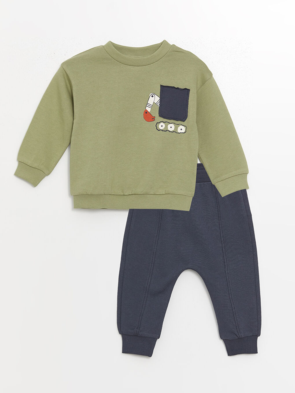 LCW baby Yeşil Bisiklet Yaka Baskılı Erkek Bebek Sweatshirt ve Eşofman Alt 2'li Takım