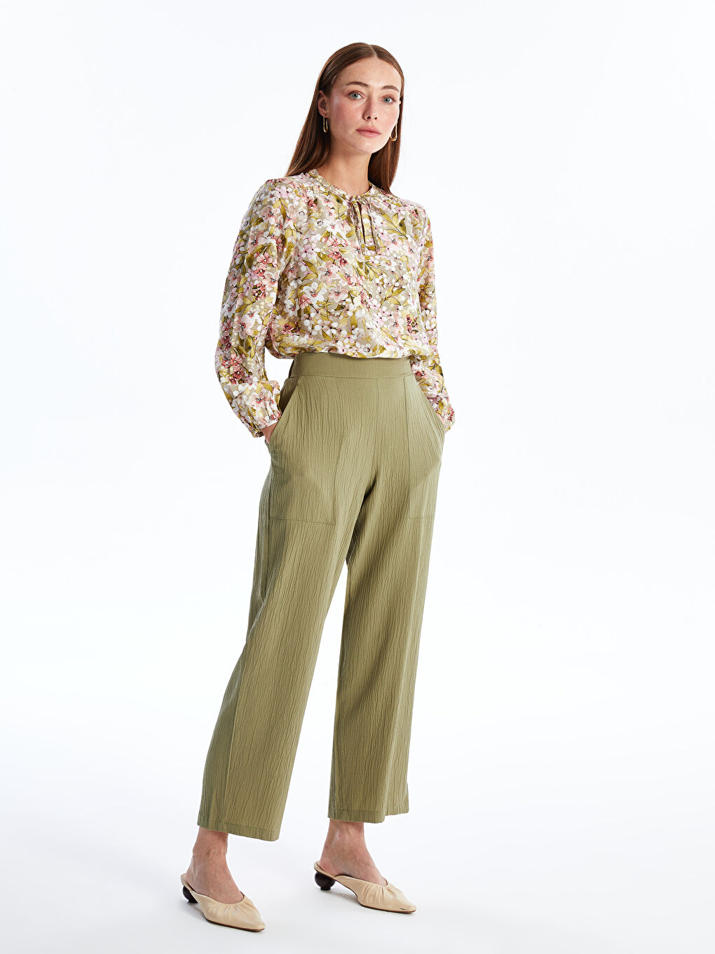 Tie Neck Floral Long Sleeve Women's Blouse-1