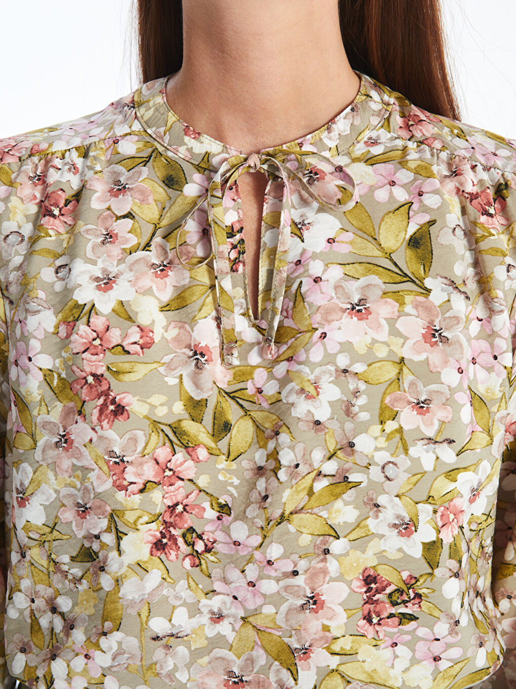 Tie Neck Floral Long Sleeve Women's Blouse-2