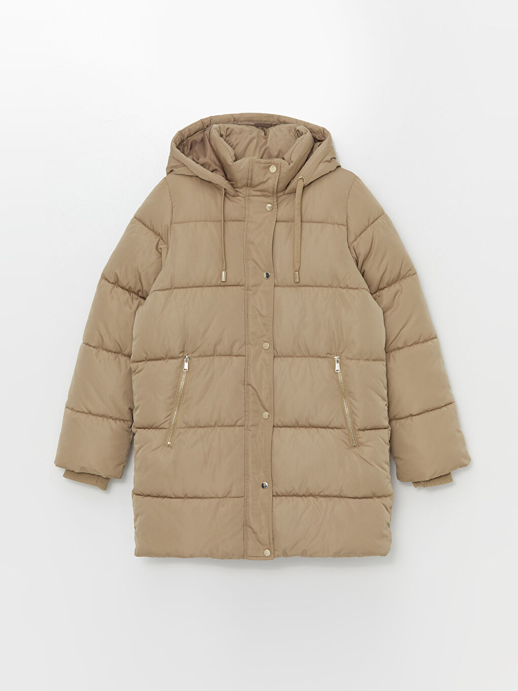 Bej Kapüşonlu Kadın Şişme Mont-5