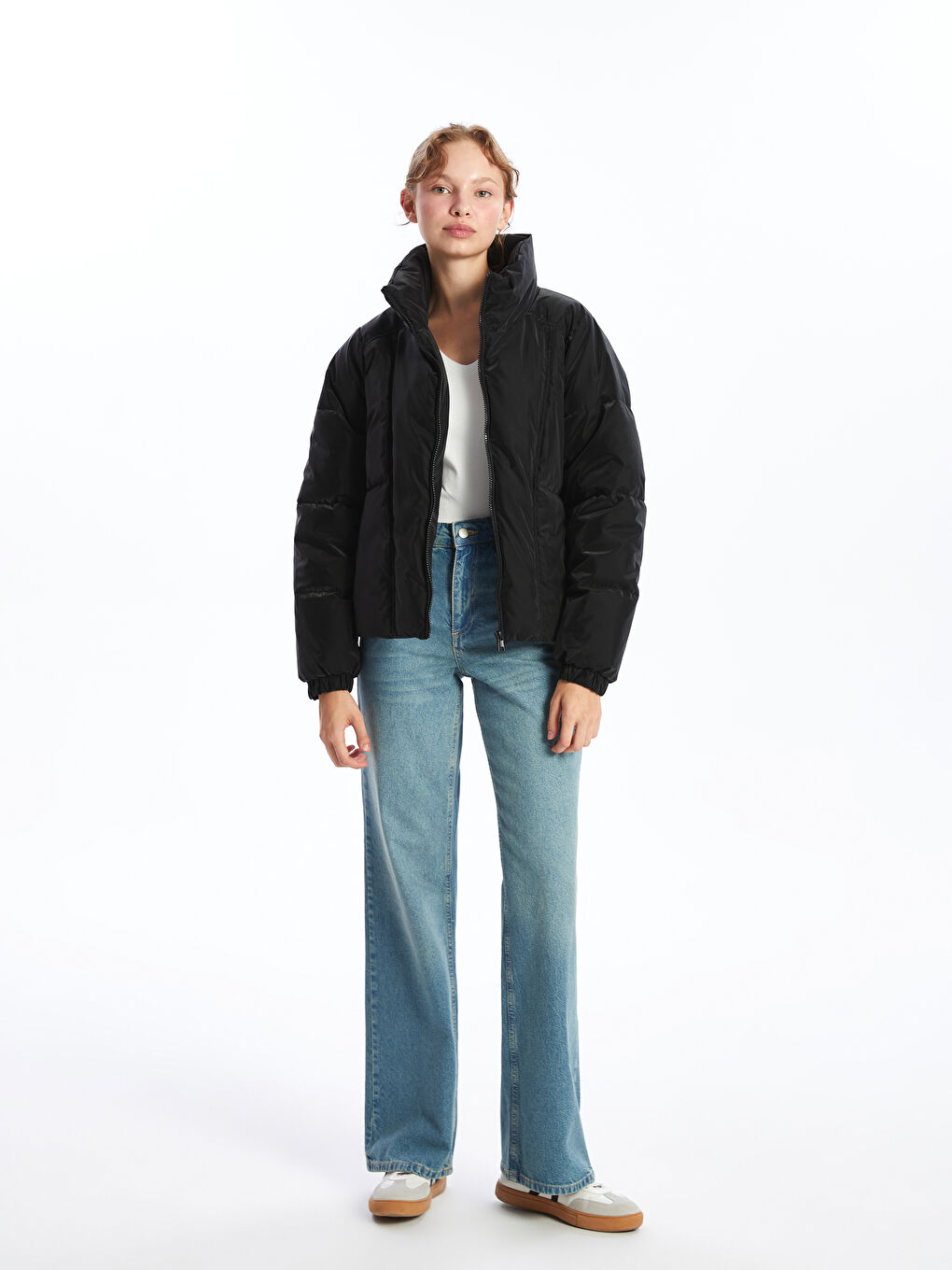 Funnel Neck Oversize Faux Leather Women's Puffer Coat-1