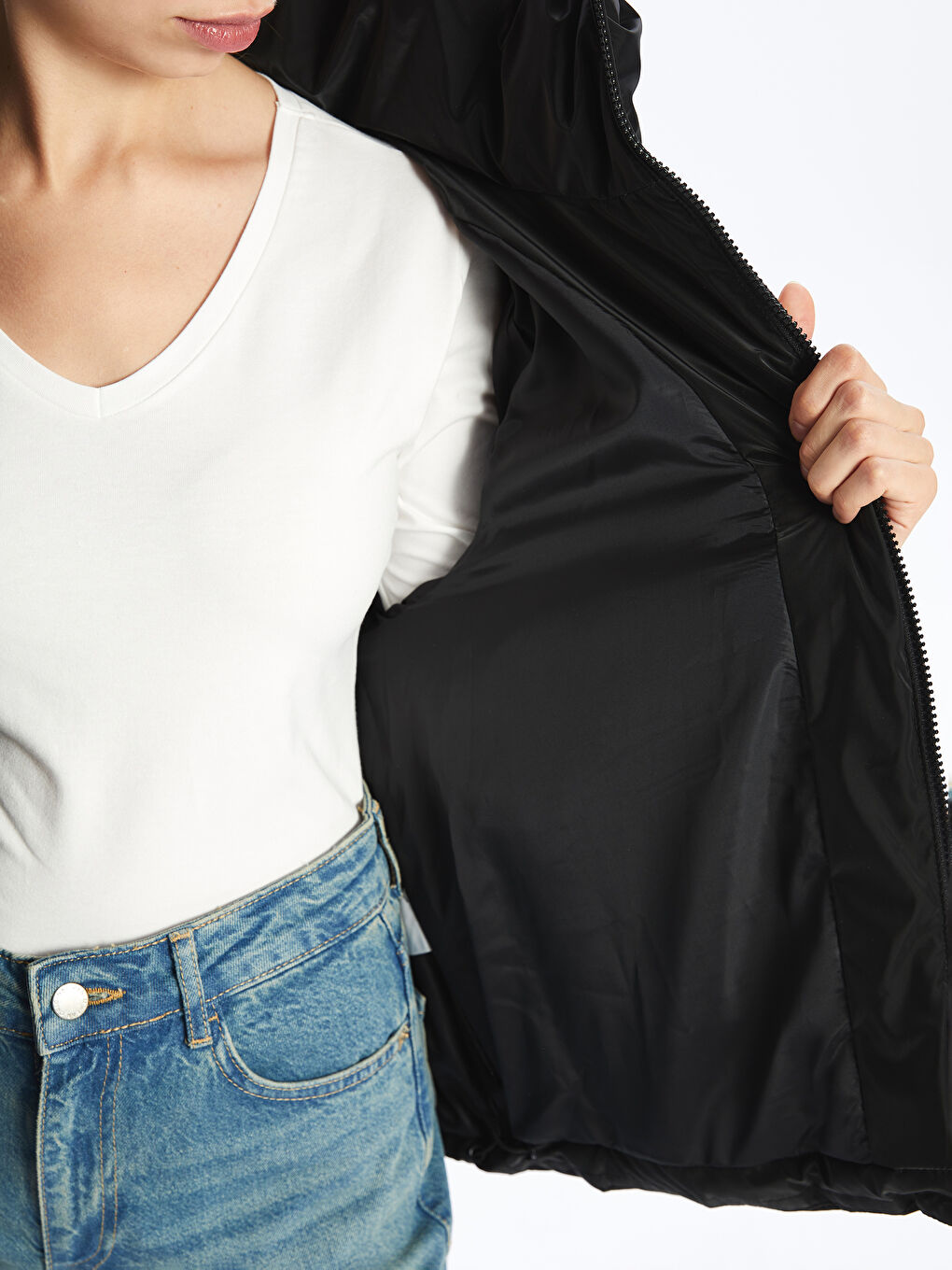 Funnel Neck Oversize Faux Leather Women's Puffer Coat-3