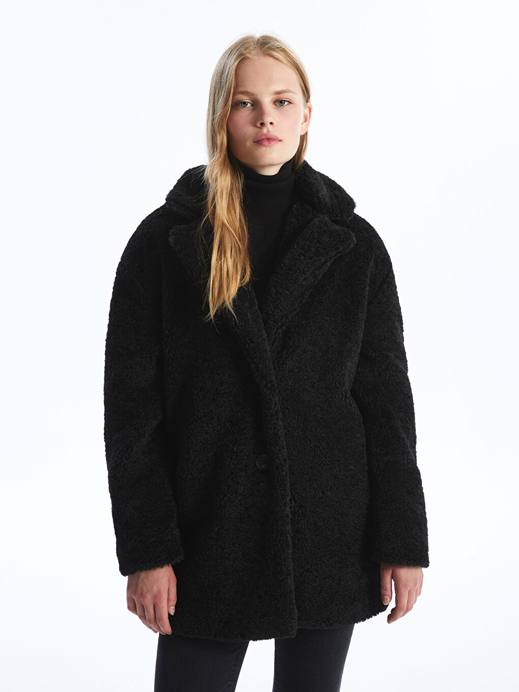Siyah Ceket Yaka Kadın Teddy Kaban