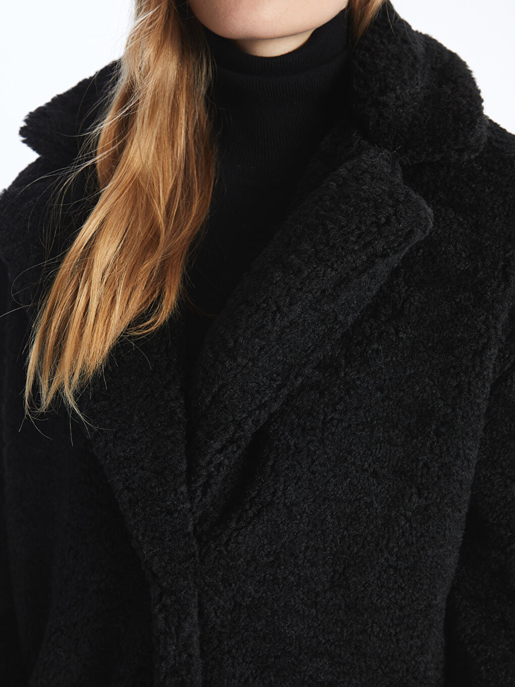 Siyah Ceket Yaka Kadın Teddy Kaban-2