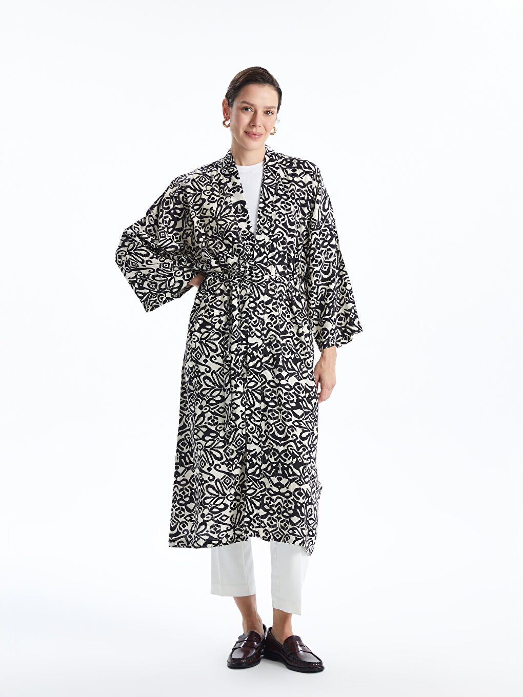 Kimono Oversize à Motifs pour Femmes avec Col Châle-1