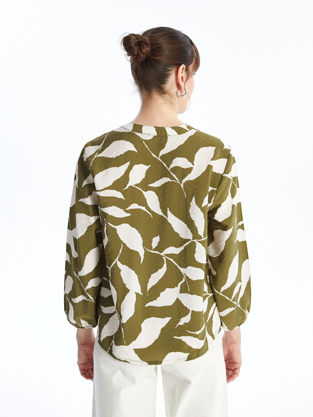 Tie Neck Patterned Long Sleeve Oversize Women's Blouse-3