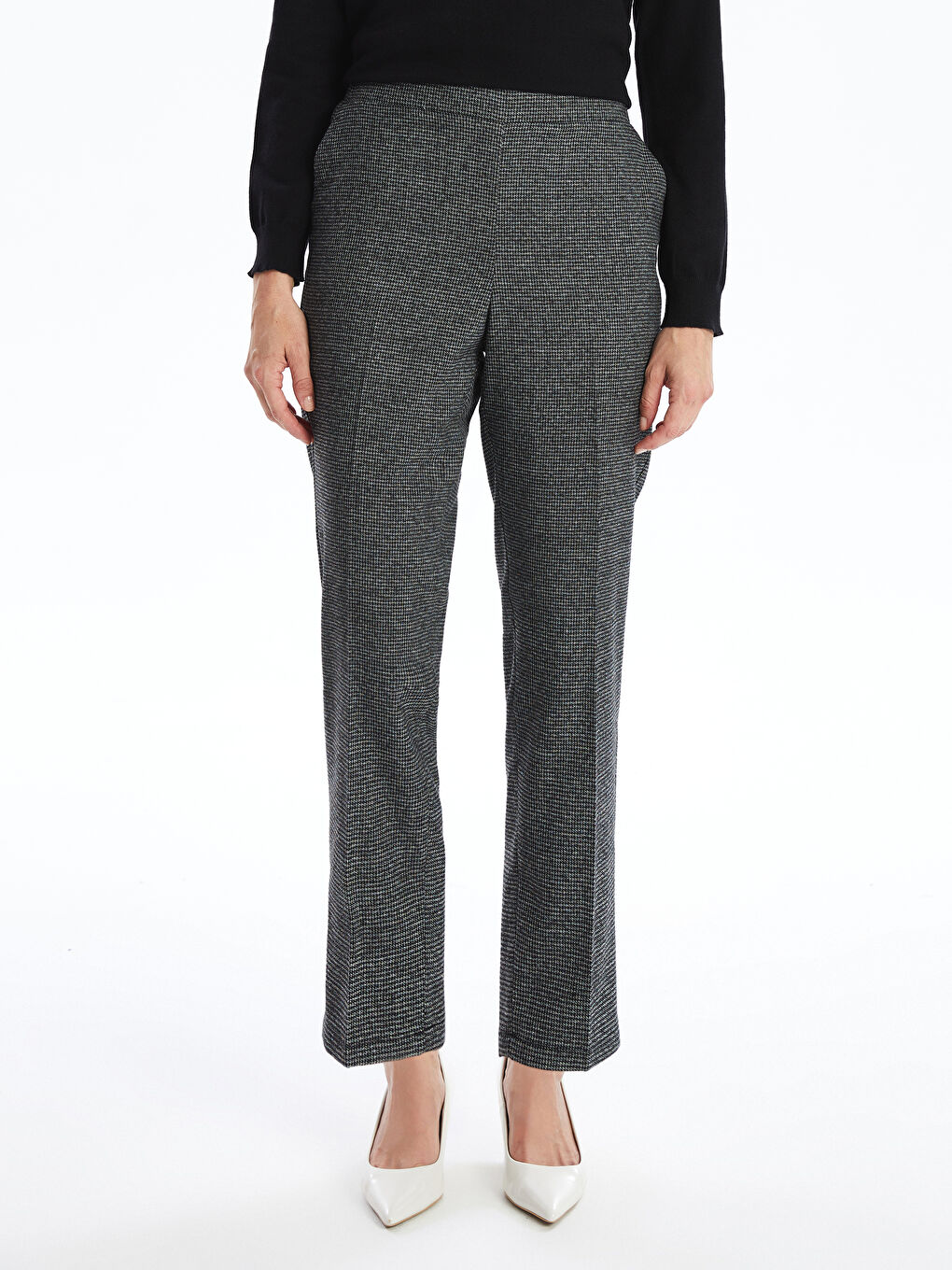 Antrasit Beli Lastikli Kazayağı Desenli Kadın Pantolon-2
