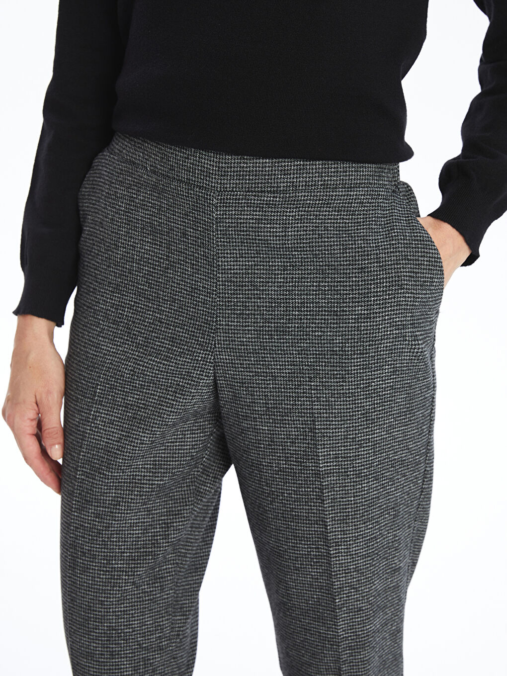 Antrasit Beli Lastikli Kazayağı Desenli Kadın Pantolon-3