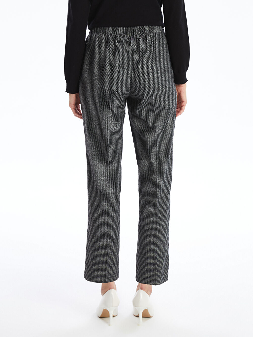 Antrasit Beli Lastikli Kazayağı Desenli Kadın Pantolon-4