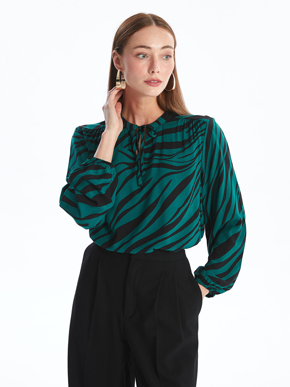 Tie Neck Patterned Long Sleeve Women's Blouse