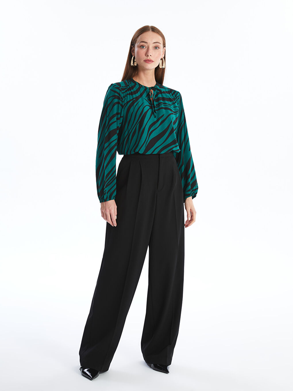 Tie Neck Patterned Long Sleeve Women's Blouse-1