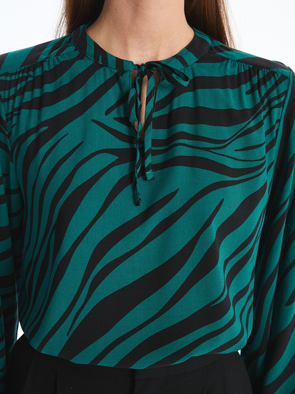 Tie Neck Patterned Long Sleeve Women's Blouse-2