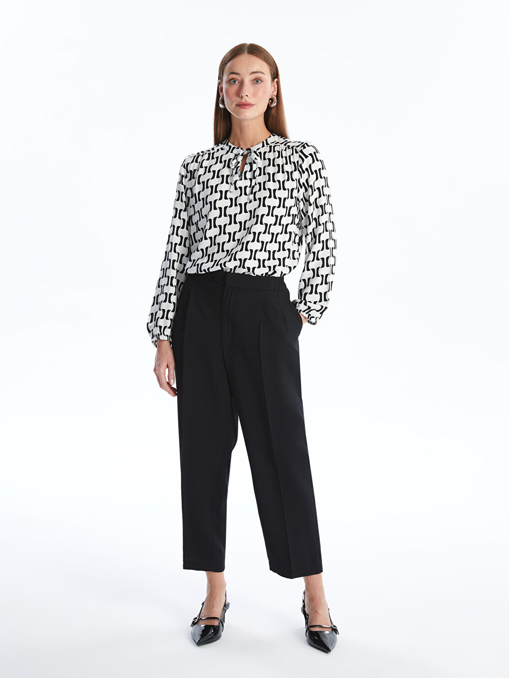 Tie Neck Patterned Long Sleeve Women's Blouse-1