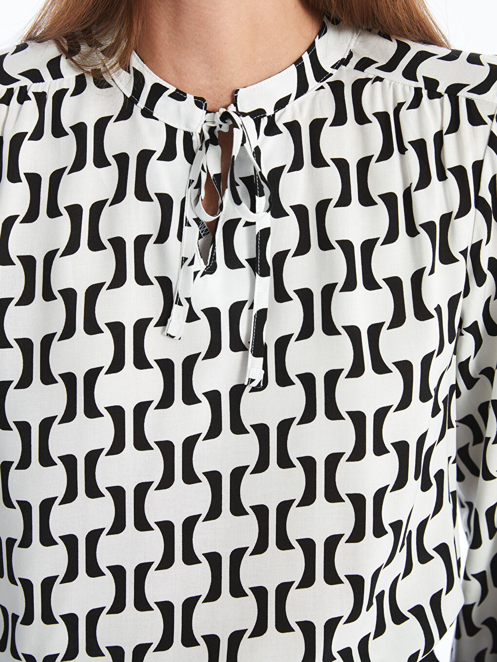 Tie Neck Patterned Long Sleeve Women's Blouse-2