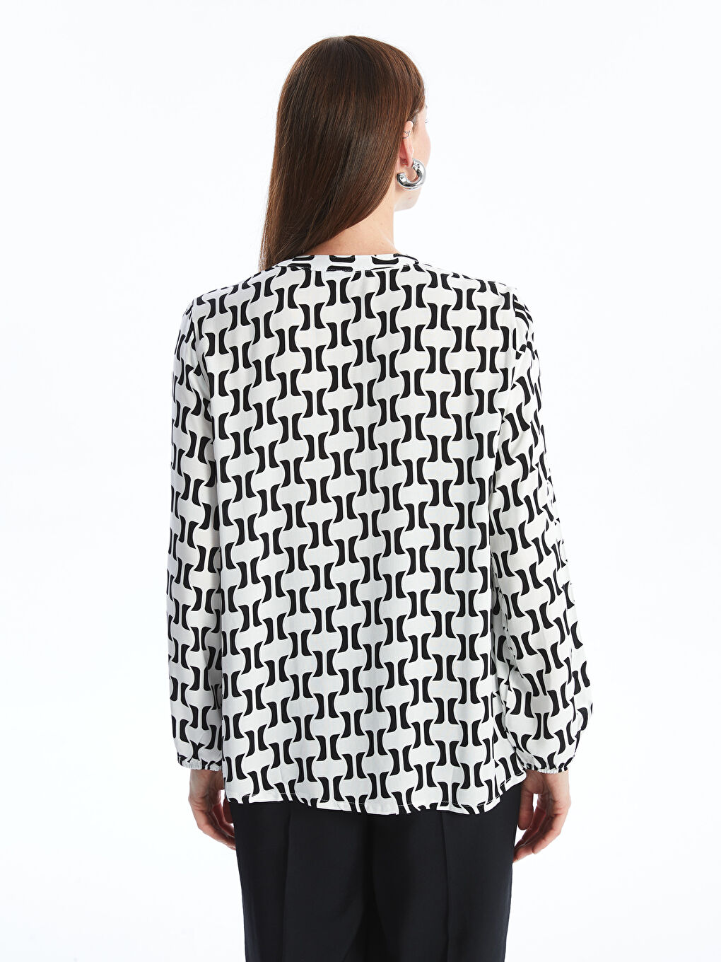 Tie Neck Patterned Long Sleeve Women's Blouse-3