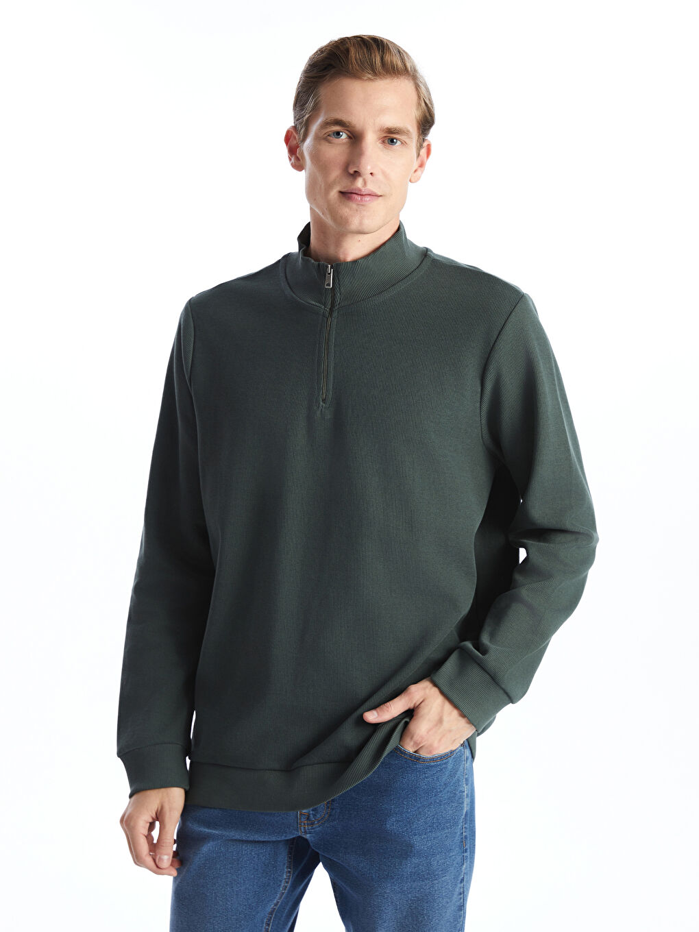 Funnel Neck Long Sleeve Men's Zip-Up Sweatshirt