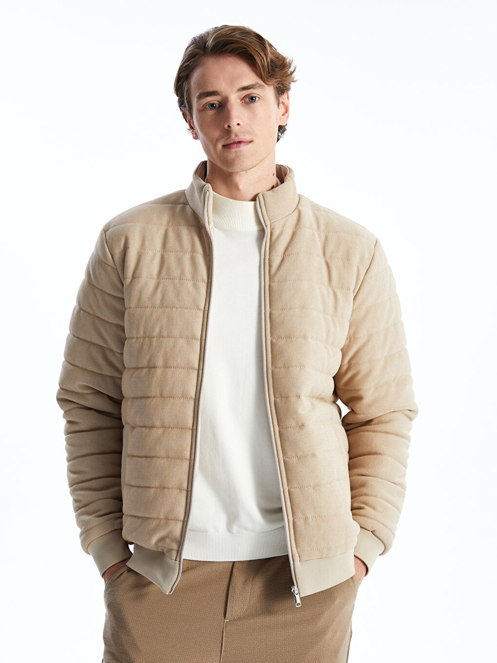 Bej Slim Fit Dik Yaka Erkek Mont