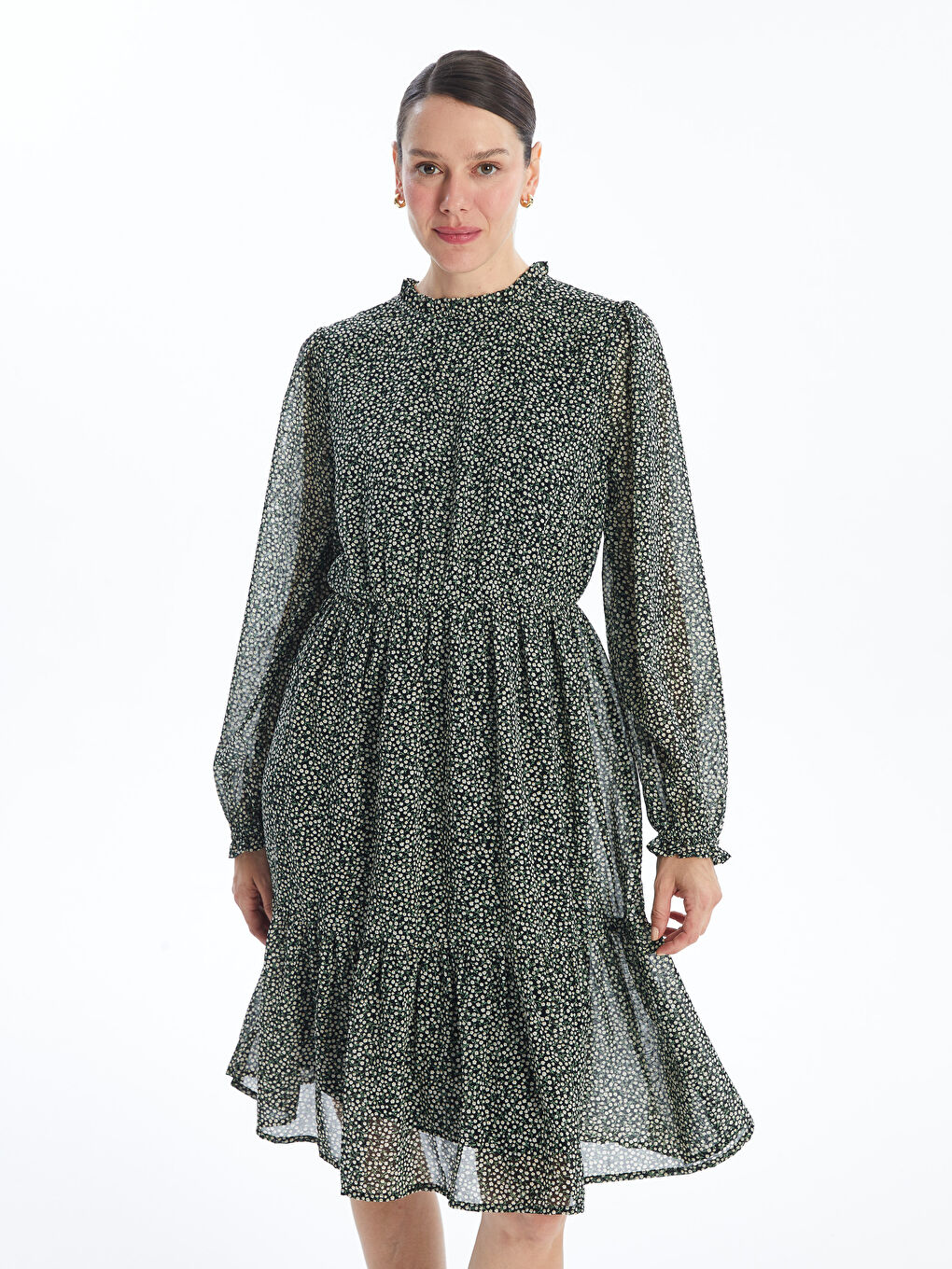 LCWAIKIKI Classic Ruffled Funnel Neck Floral Women's Dress -W4AU57Z8-LQJ