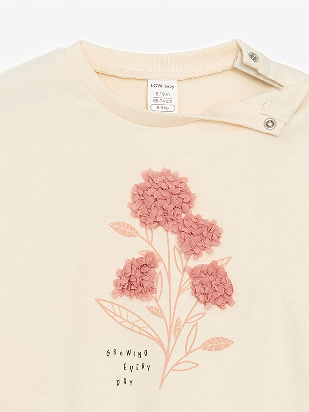 Ekru Bisiklet Yaka Çiçekli Kız Bebek Tişört-2