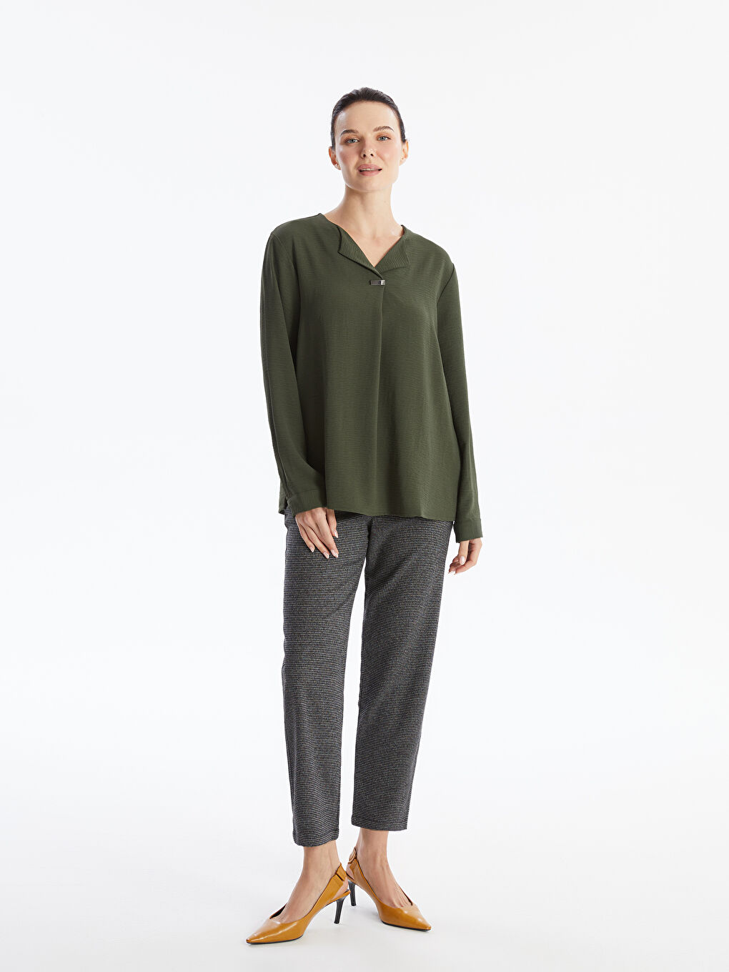 LCW Grace Notch Neck Women's Blouse -W4BA01Z8-HDG