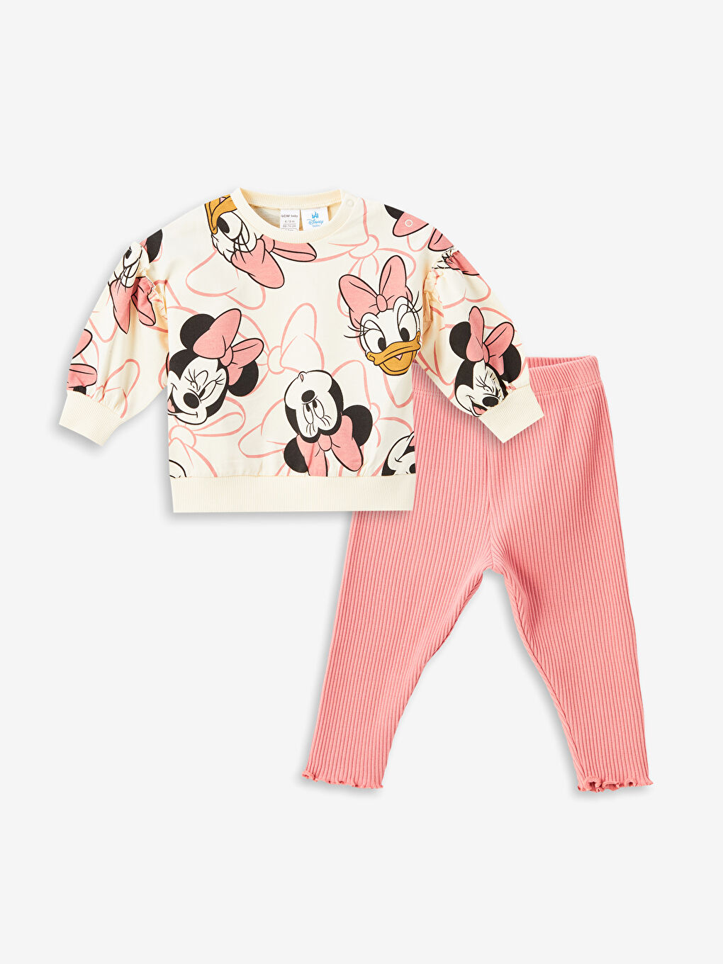 LCW baby Krem Baskılı Bisiklet Yaka Uzun Kollu Minnie Mouse Baskılı Kız Bebek Sweatshirt ve Tayt 2'li Takım