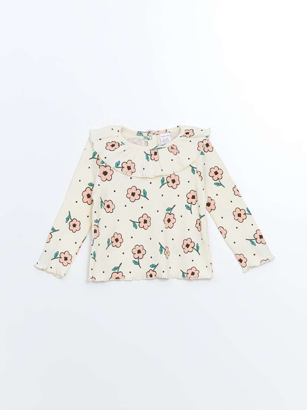 Ekru Bisiklet Yaka Çiçekli Kız Bebek Tişört