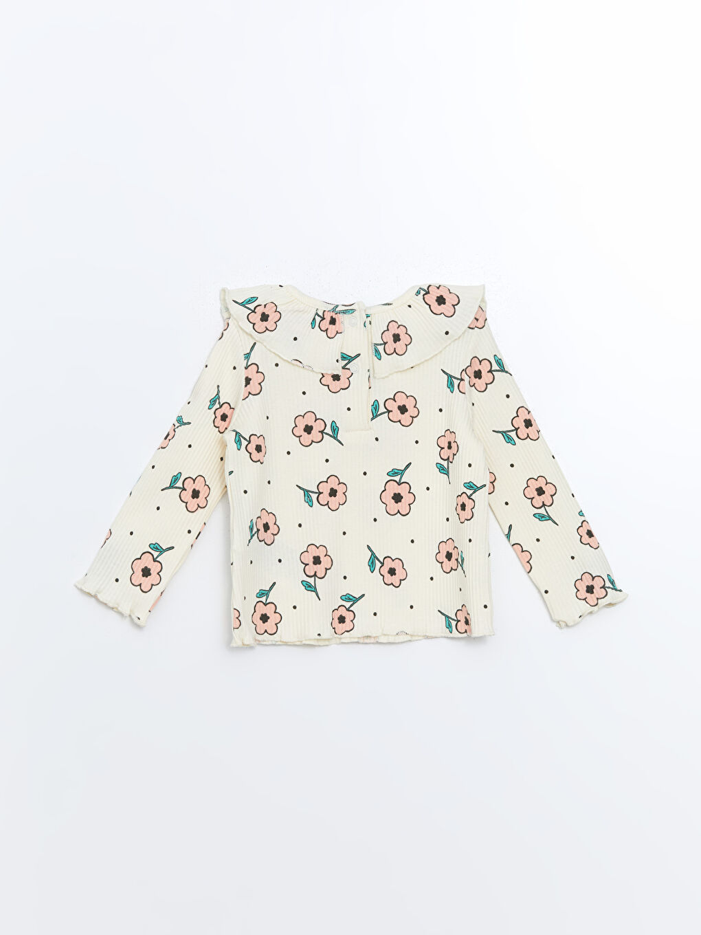 Ekru Bisiklet Yaka Çiçekli Kız Bebek Tişört-1