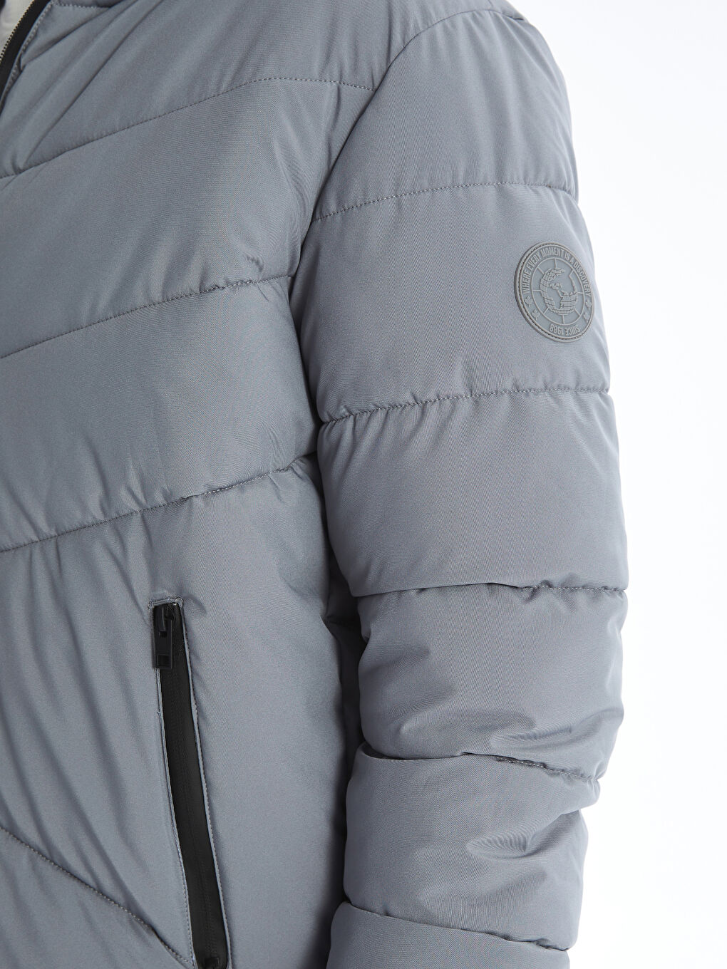 Gri Standart Kalıp Kapüşonlu Erkek Şişme Mont-2