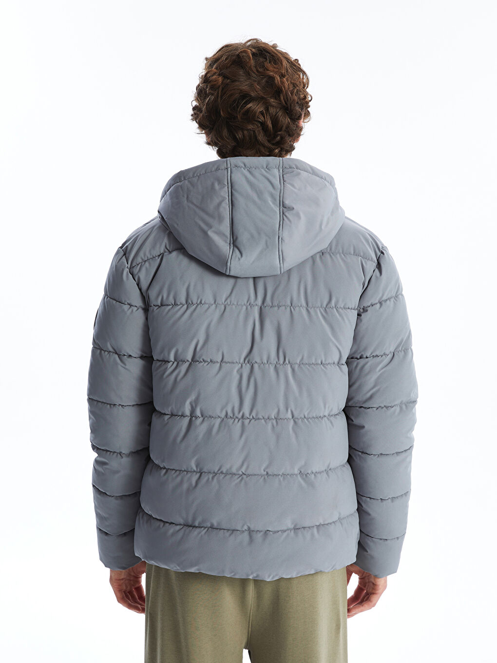 Gri Standart Kalıp Kapüşonlu Erkek Şişme Mont-4