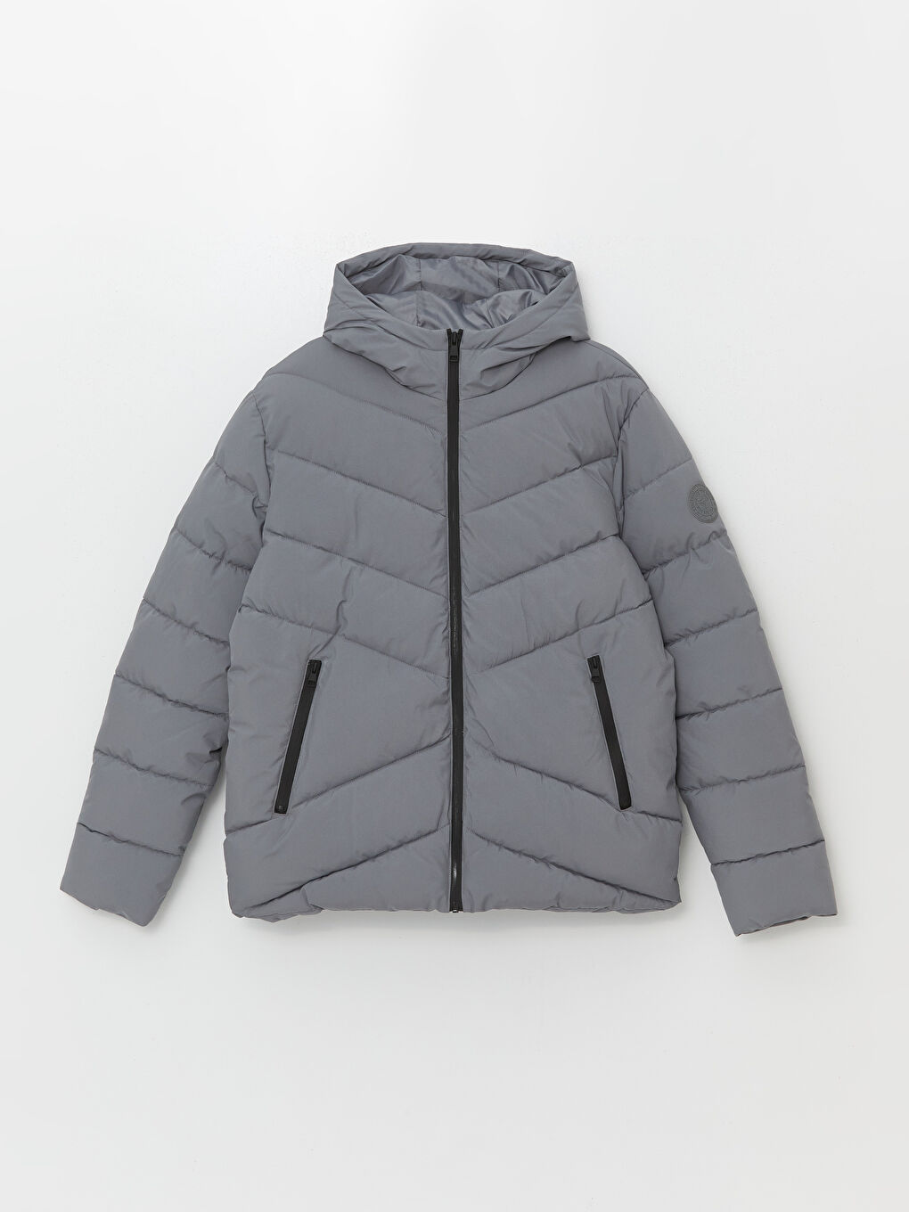 Gri Standart Kalıp Kapüşonlu Erkek Şişme Mont-5