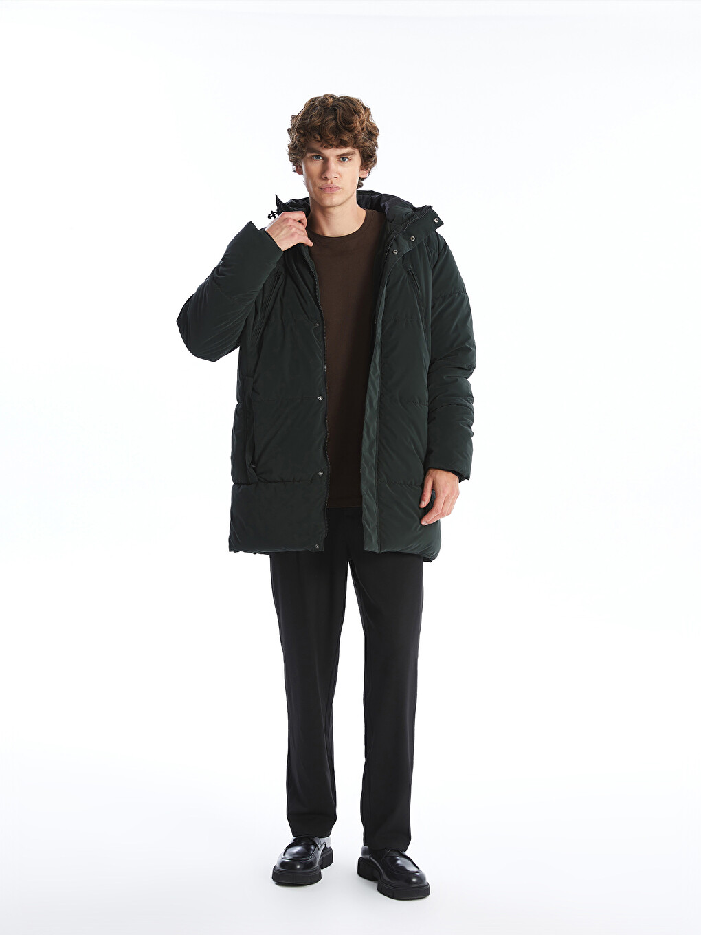 Yeşil Standart Kalıp Kapüşonlu Erkek Parka-1